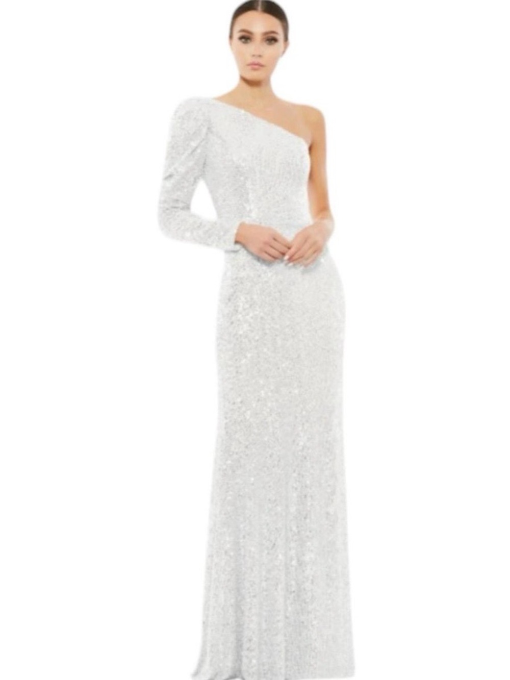 Mac Duggal White Embellished Sequin One-Shoulder Gown 6591 | 2
